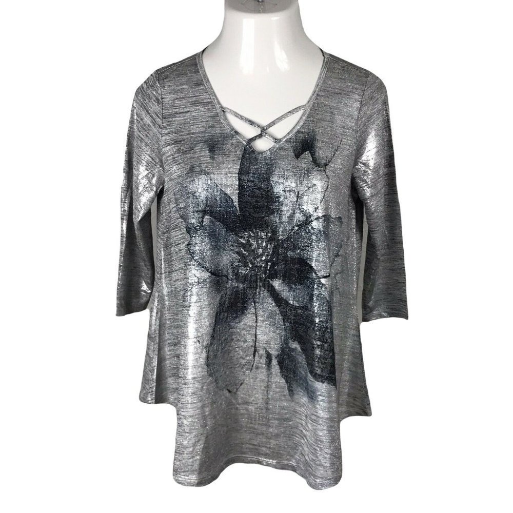 IMPULSE Women's Shirt Blouse ~ Sz S  ~ Gray ~ 3/4 Sleeve ~ Stretch